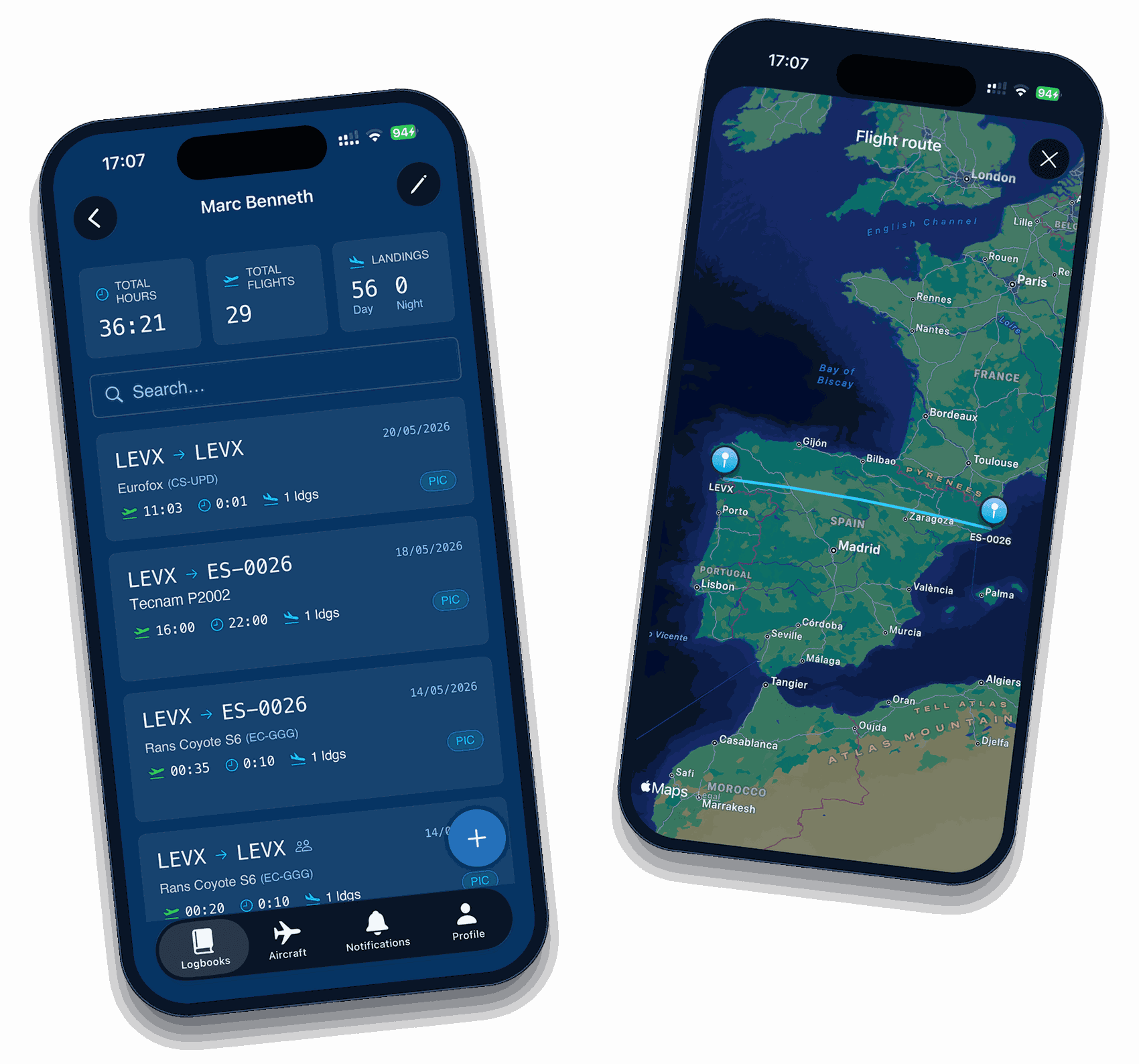 App de JustLogbook en Android y iPhone mostrando el logbook de vuelos